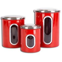 EASEASE Airtight Window Kitchen Canisters with Fingerprint Resistant Lids (Set of 3). (Red)