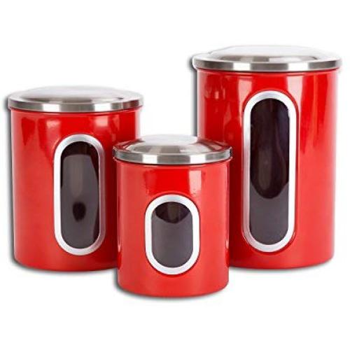 EASEASE Airtight Window Kitchen Canisters with Fingerprint Resistant Lids (Set of 3). (Red)