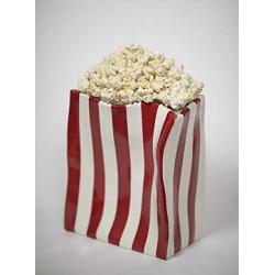 Popcorn University Ceramic Popcorn Container with Lid - Decorative Cookie Jar for Kitchen Counter Food Storage, Table Centerpiece, Vase & More - Red Striped Home Movie Theater Room Décor, 13&quotx4.5&quotx8"