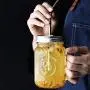 Glasbehälter mit Stroh-Canner, Glashaue für Smoothies, mit Deckeln zum Trinken und Lagern, wiederverwendbarer Behälter für Saft, Milch, Großpackungen, Kaffee, runder und quadratischer Glasbehälter (Set 1)