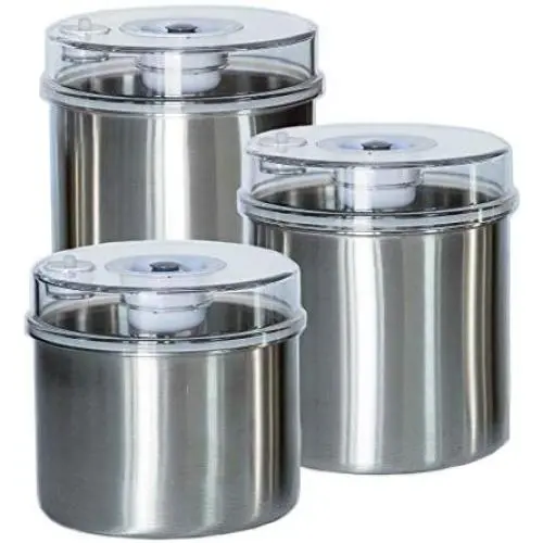 Dichtungsgurte Sets 3-teilig, Edelstahlbehälter mit Sichtdeckel, Vakuumindikator und Universal-Hose-Anschluss – zur Frischeerhaltung von Kaffee, Pasta, Obst, Marinaden etc.
