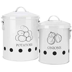 G.a HOMEFAVOR Set of 2 Antique Cream Vintage Potato Onion Kitchen Storage Canisters Jars Pots Containers 2 Pack Set, Potatoe, Onion Bin Caddy, With Aerating Tin Storage Holes & Metal Lid