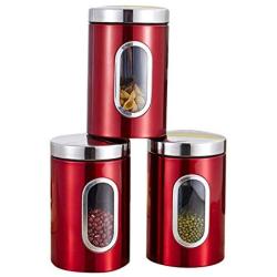 Jitnetiy 3 PCS Red Stainless Steel Kitchen Canister with Visible Window Candy Storage Jars for Kitchen Living Room