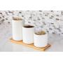 White Ceramic Kitchen Canisters, Set of Three with Real Bamboo Lids and Organizer Tray with Silicon Airtight Seals, for Dry Food Storage, Perfect for Coffee, Tea, Sugar, Spice, Candy, Cookies, Flour