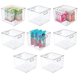 mDesign Plastic Food Storage Container Bin with Handles - for Kitchen, Pantry, Cabinet, Fridge/Freezer - Large Organizer for Snacks, Produce, Vegetables, Pasta - BPA Free, 10" Square, 8 Pack - Clear