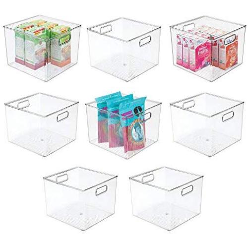 mDesign Plastic Food Storage Container Bin with Handles - for Kitchen, Pantry, Cabinet, Fridge/Freezer - Large Organizer for Snacks, Produce, Vegetables, Pasta - BPA Free, 10" Square, 8 Pack - Clear