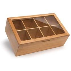 randomgrounds 100% Bamboo Tea Box Storage Organizer, Taller Size Holds 120+ Standing or Flat Tea Bags, 8 Adjustable Chest Compartments, Natural Wooden Finish