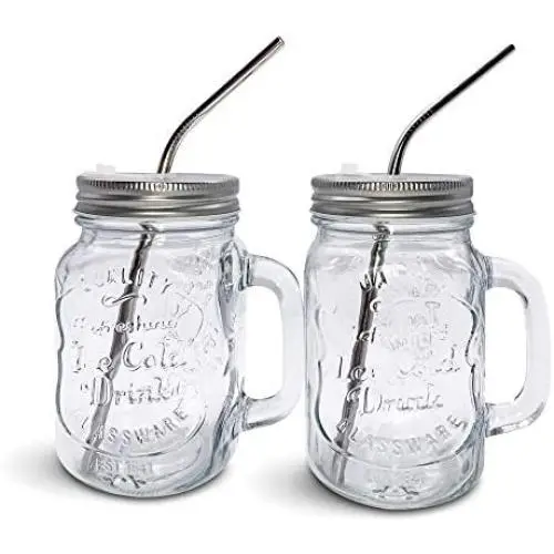 Mason Jar Mugs with Handle, Regular Mouth Colorful Lids with 2 Reusable Stainless Steel Straw, Set of 2 (Silver), Kitchen GLASS 16 oz Jars,''Refreshing Ice Cold Drink'' & Dishwasher Safe Mason Jar Mugs with Handle, Regular Mouth Colorful Lids with 2 Reusable Stainless Steel Straw, Set of 2 (Silver), Kitchen GLASS 16 oz Jars,''Refreshing Ice Cold Drink'' & Dishwasher Safe