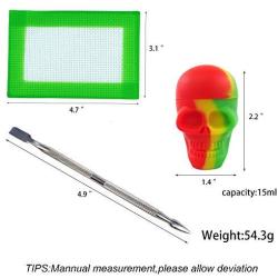 TOPJAR Wax Carving Container Set (15ml Skull Series) - Rasta Nonstick Silicone Jar & Green Small Mat & Carver Tool Each 1