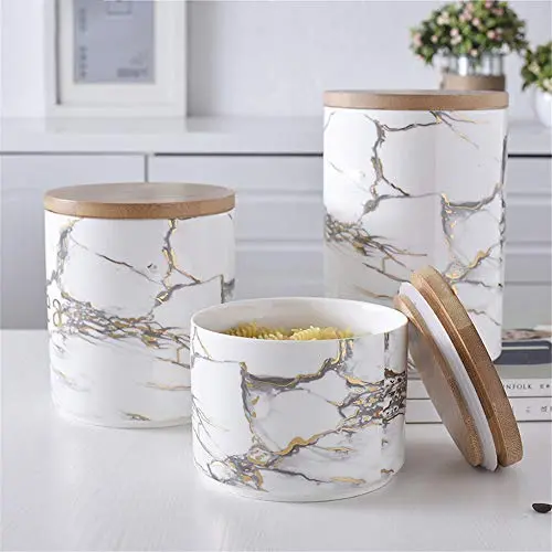 Schlichte Marmor-Aufbewahrungsgläser mit Holzdeckel – Elegantes Salz- und Zucker-Aufbewahrungstiegel für den Home Organizer | von HUDITOOLS | 1 Stück
