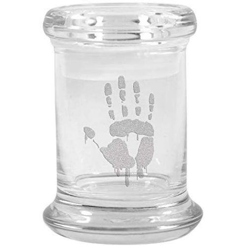 Clear Glass Herb Stash Jar and Lid 2.75 oz with Zombie Hand Logo from Smoke Promos