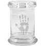Clear Glass Herb Stash Jar and Lid 2.75 oz with Zombie Hand Logo from Smoke Promos