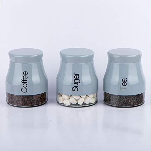 Gr8 Home Set of 3 Kitchen Storage CANISTERS Tea Coffee Sugar Jars POTS CONTAINERS Caddy Set (Grey)