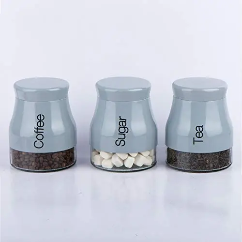 Gr8 Home Set of 3 Kitchen Storage CANISTERS Tea Coffee Sugar Jars POTS CONTAINERS Caddy Set (Grey)