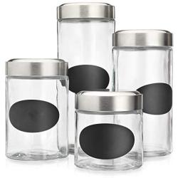 Homephile Chalk Glass Canister/Jar with Screw Lid ; Use As Storage Coffee - Rice - Flour - Sugar Canister ; Wide Mouth/Round Shape/Set of 4