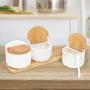 Porcelain Condiment Jars Set of 3 Ceramic Seasoning Jar Bowl Spice Sugar Container Storage Organizer with Bamboo Cap Holder & Ceramic Spoon for Kitchen Home Coffee