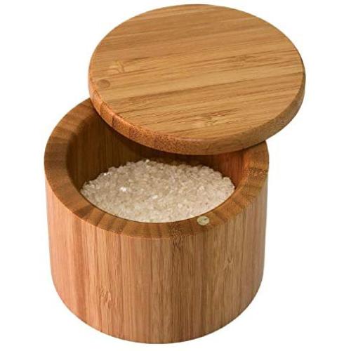 AN&GLOBALS BAMBOO SPICE BOX Kitchen Salt Pepper Round Jar Container Storage Case Magnet Lid