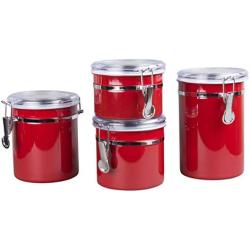 Creative Home 50283 4-Pieces Stainless Steel Canister Container Set with Air Tight Lid and Locking Clamp, Red, 26 oz, 36 oz, 47 oz, and 62 oz