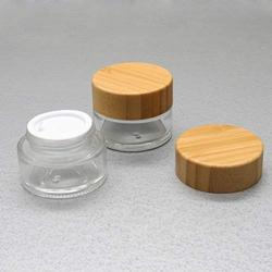 ConStore 2 Pack Cosmetic Containers Sample Cream Pots Make Up Jars Clear glass Straight Sided Bottles Bamboo lids Vials Empty Powder Case Portable Foundation box (15g)