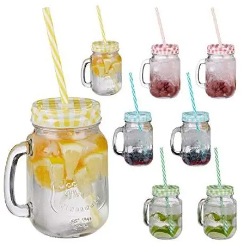 Relaxdays Drinking Mason Jam Jars with Straws and Handles, Set of 8, 400 ml, Colourful Iced Beverages Glass Set, Standard Relaxdays Drinking Mason Jam Jars with Straws and Handles, Set of 8, 400 ml, Colourful Iced Beverages Glass Set, Standard