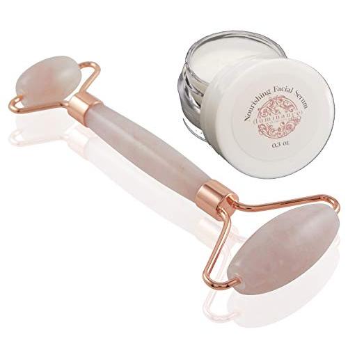 Rosette Rose Quartz Facial Roller for Face and Skin · Natural, Crystal Roller for Facial Massage & Skincare · Premium Rose Quartz Stone Two Part Roller· Free Sample of Luminance Facial Serum
