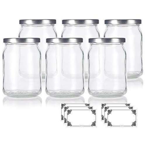 Large 13 oz / 380 ml Clear Thick Glass Wide Mouth Jar with Silver Metal Lid - (6 pack) + Labels Great for candle making, canning, storage, preserving, wedding and shower favors and more