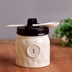 Ceramic Classic Pure Color Handmade Sugar Bowl Set with Lid Spoon Salt Pot Pepper Storage Jar Seasoning Pot Container Sugar Box Condiment Spice Racks Holder for Home Kitchen,Black