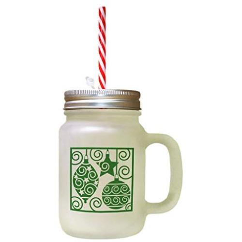 Forest Green Chrismas Ornaments White Red Frosted Glass Mason Jar With Straw