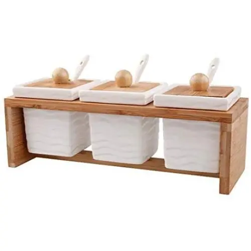 Bouteille et pot d'assaisonnement LQQGXLCondiment, boîte de rangement pour condiments, pot à épices blanc avec couvercle, pot à sucre, ensemble de pots à épices avec couvercle, cuillère et plateau.