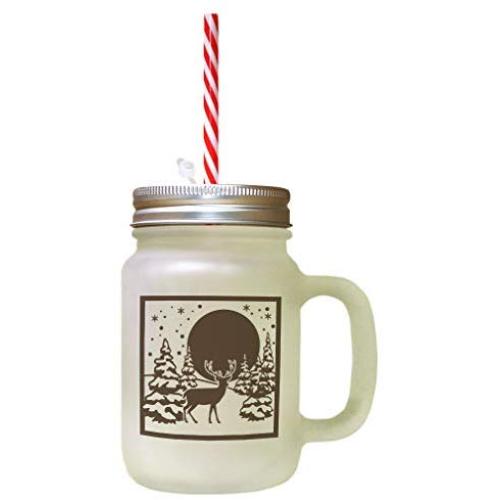 Cerf Brun avec Noël et Arbre de Lune dans Bocal en Verre Granulé avec Paille Cerf Brun avec Noël et Arbre de Lune dans Bocal en Verre Granulé avec Paille