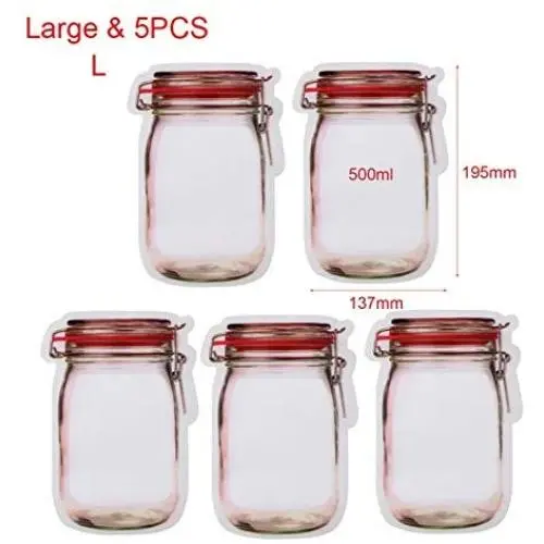 Sacs de Conservation Alimentaire à Motif Mason en verre, 5 pièces, Idéal pour les Collations, les Bonbons, les Fruits Frais - Grande Taille Sacs de Conservation Alimentaire à Motif Mason en verre, 5 pièces, Idéal pour les Collations, les Bonbons, les Fruits Frais - Grande Taille