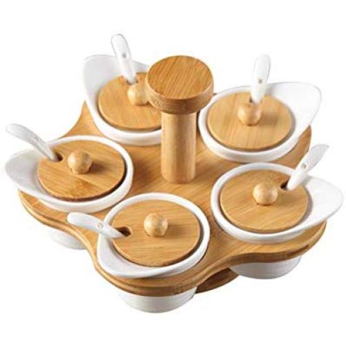 Ceramic Spice Container, 5pcs Set Wooden Seasoning Rack Spice Pots With Spoon Cover Storage Condiment Jar