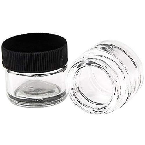 Glass Jars for health & cosmetics : 1&quotx1" / 5ml * small pots screw top lids black cap thick heavy weighted glass wholesale retail resell jewelers gems