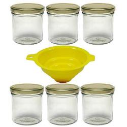 Viva Haushaltswaren # 61824 # 6 Jars 165ml Screw Top Jars, Jam Jars in Gold/with Filling Funnel Gas Storage Jars, Glass, Clear, 6.3 x 6.3 x 7.3 cm