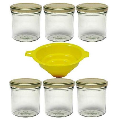 Viva Haushaltswaren # 61824 # 6 Jars 165ml Screw Top Jars, Jam Jars in Gold/with Filling Funnel Gas Storage Jars, Glass, Clear, 6.3 x 6.3 x 7.3 cm