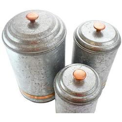 Galvanized Canisters Farmhouse Rustic Metal Set of 3 Flour Sugar Container Canister Kitchen Single Copper Band by Well Pack Box