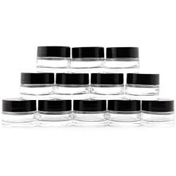 7-Milliliter Clear Glass Balm Jars (12-Pack); 1/4 oz Cosmetic Jars with Lined Black Plastic Lids