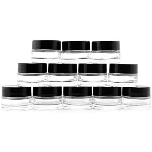7-Milliliter Clear Glass Balm Jars (12-Pack); 1/4 oz Cosmetic Jars with Lined Black Plastic Lids