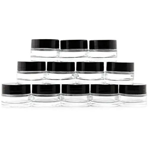7-Milliliter Clear Glass Balm Jars (12-Pack); 1/4 oz Cosmetic Jars with Lined Black Plastic Lids 7-Milliliter Clear Glass Balm Jars (12-Pack); 1/4 oz Cosmetic Jars with Lined Black Plastic Lids