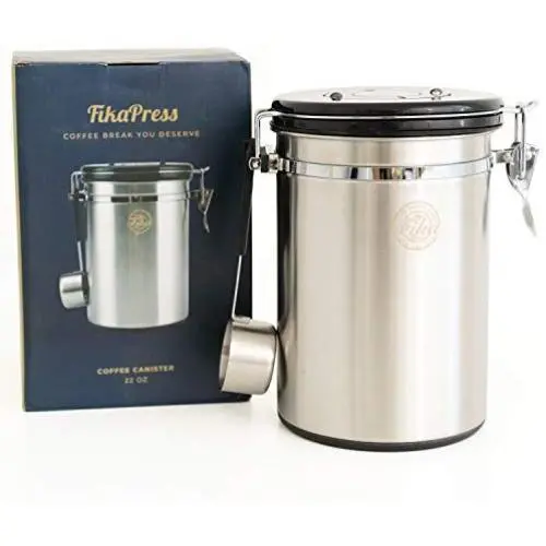 Best Airtight Coffee Canister for Fresher Beans and Grounds - Large Stainless Steel Food Container with Date-Tracker, CO2 Release Valve, Measuring Scoop and Silicon Base by FikaPress Best Airtight Coffee Canister for Fresher Beans and Grounds - Large Stainless Steel Food Container with Date-Tracker, CO2 Release Valve, Measuring Scoop and Silicon Base by FikaPress