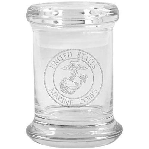 Clear Glass Herb Stash Jar and Lid 2.75 oz with US Marines Logo from Smoke Promos
