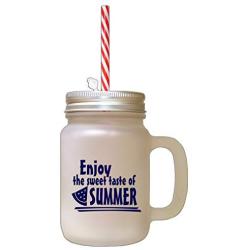 Navy Enjoy The Sweet Taste Of Summer Frosted Glass Mason Jar With Straw