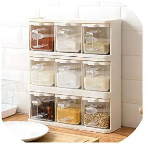 Spice Rack 3 Grids Spoon Kitchen With Lid Container Seasoning Box Herb Spices Storage Condiment Jar Cooking With Handle Desktop