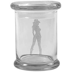 Clear 8 oz Glass Herb Stash Jar and Lid with Cowgirl Silhouette from Smoke Promos