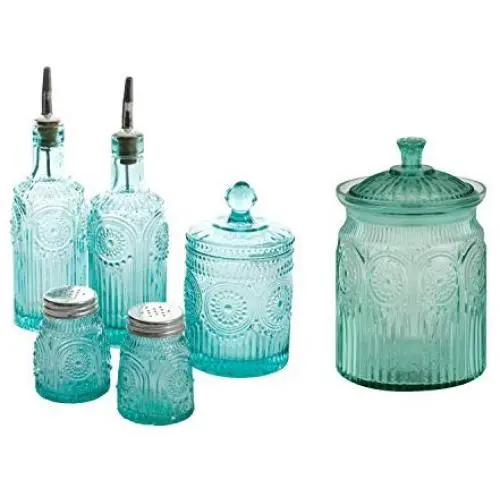 Ensemble Pioneer Woman Adeline 6 Pièces (Assortiment de Condiments) Turquoise + Pot à Biscuits en Verre Turquoise de Pioneer Woman