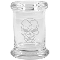 Clear Glass Herb Stash Jar with Lid 2.75 oz with Evil Skull Logo from Smoke Promos