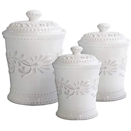 American Atelier Bianca Leaf Canister Set 3-Piece Ceramic Jars in 20oz, 48oz and 80oz Chic Design With Lids for Cookies, Candy, Coffee, Flour, Sugar, Rice, Pasta, Cereal & More

Amerikanisches Atelier Bianca Leaf Set 3-teilig, Keramikbehälter in 20oz, 48o
