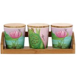 THUN Set of 3 Spice Jars Fresh Water Line Spice 300 ml H 9.5 cm Bamboo Paste Wood Stand 28 x 10.5 cm, Multicoloured