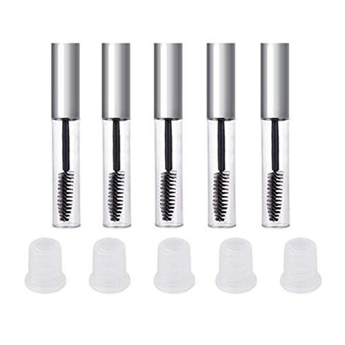 5PCS 10ML/0.34oz Empty Refillable Plastic Clear Mascara Eyelash Tube Bottle Jars Cosmetic Makeup Vial Storage Holder Container with Inner Plug and Brush for Mascara Eyelash Growth Oil(Silver Cap)