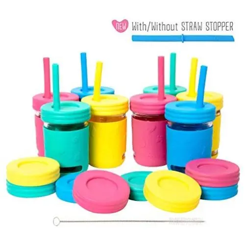Elk und Freunde Kinderbecher/Babybecher mit Strohhalsen? Glas Mason Jars 8 oz mit Silikonüberzieher & Strohhalsen + Strohhalse & wasserdichte Deckel? Auslaufhemmende Becher für Kinder, Trinkbecher für Kleinkinder